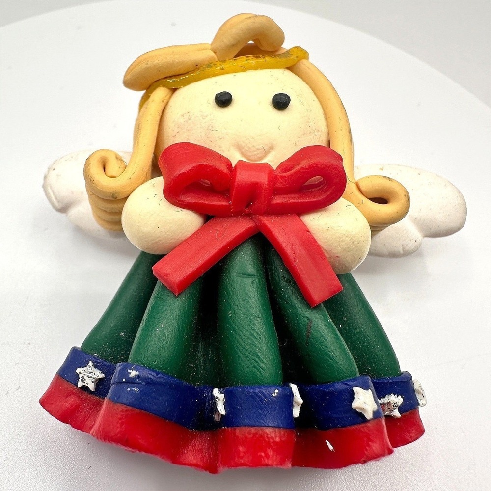 Vintage 90s Polymer Clay Angel Brooch Pin Handmade Christmas Holiday Jewelry Y2K